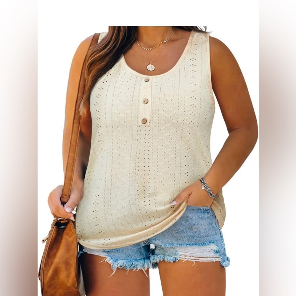 Small - Tank Tops Summer Scoopneck Sleeveless Eyelet Henley Shirts Cute Button - Picture 2 of 6